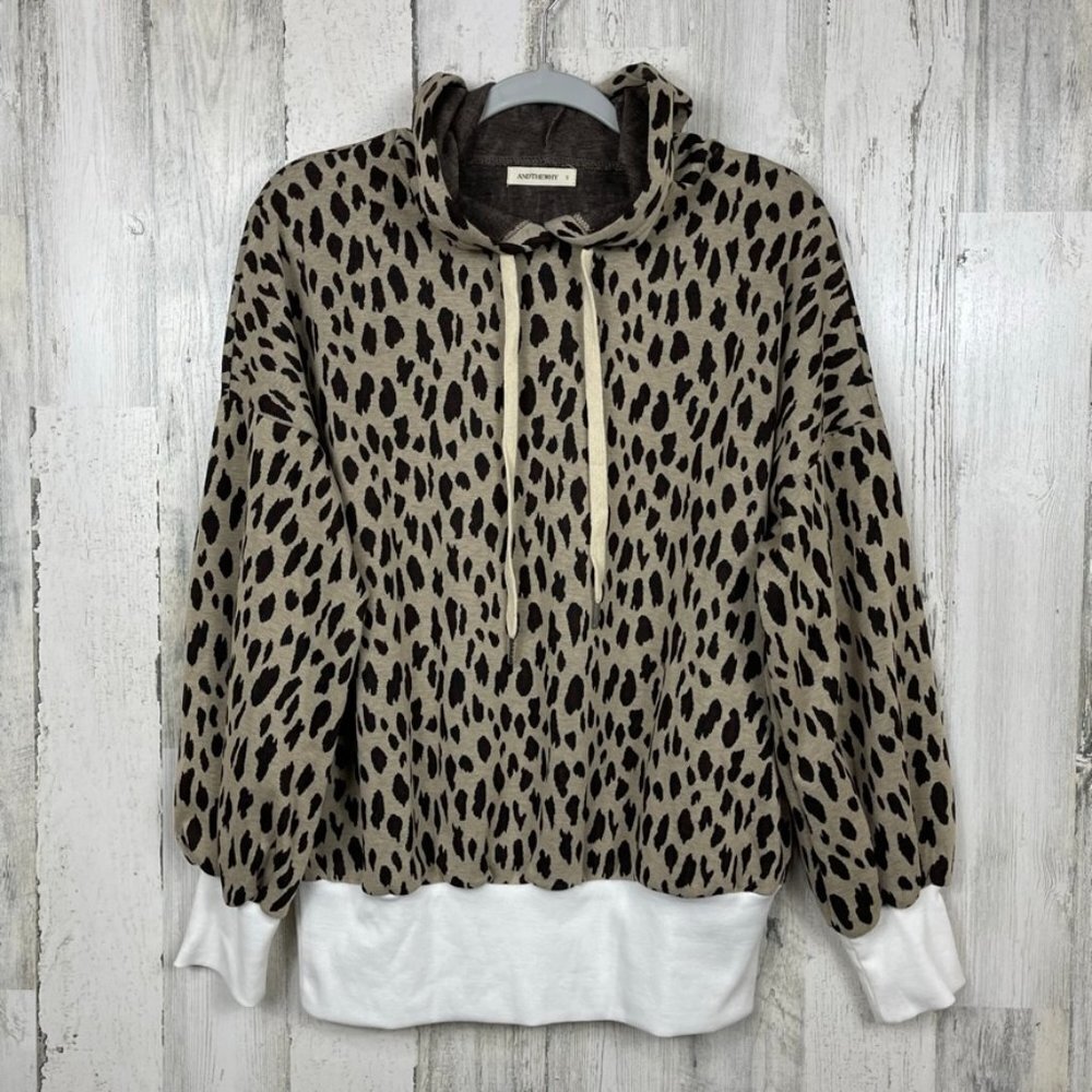 AndTheWhy animal print hoodie pullover cheetah balloon sleeves‎ tan black size S